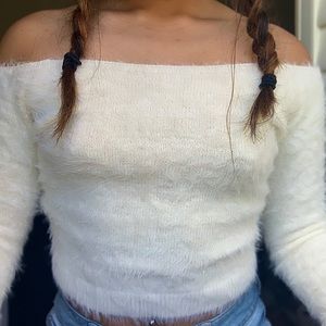 lottie moss fuzzy off the shoulder long sleeve top